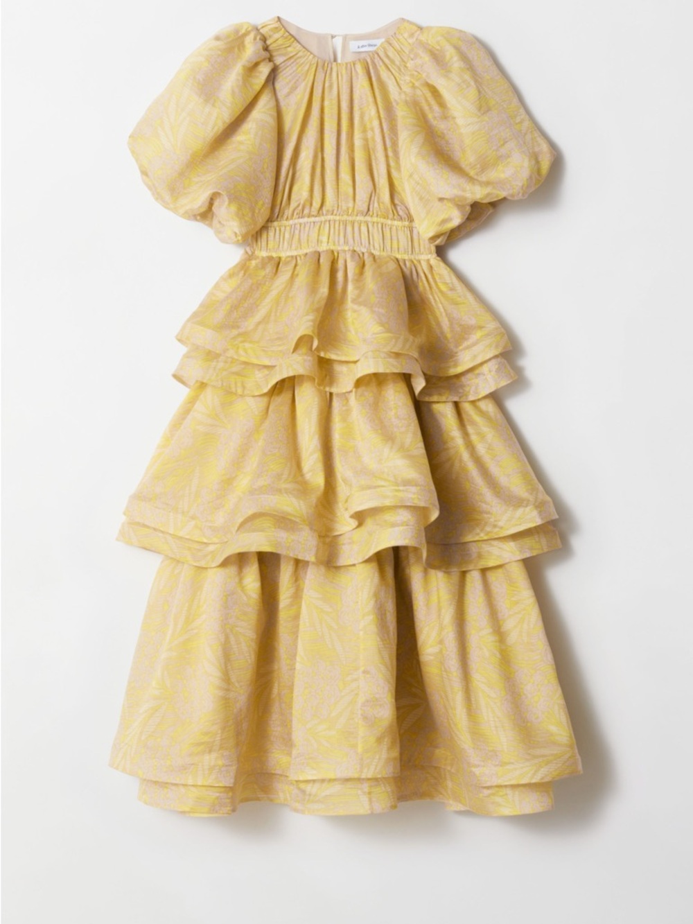 Tiered Puff-Sleeve Midi Dress in Pale Yellow - Picture 2 of 5
